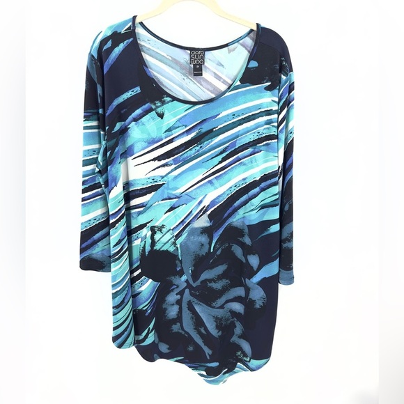 Clara Sun Woo Womens Tunic Top Size 2X Blue Artsy 3/4 Sleeve Asymmetric Stretch - Picture 1 of 9